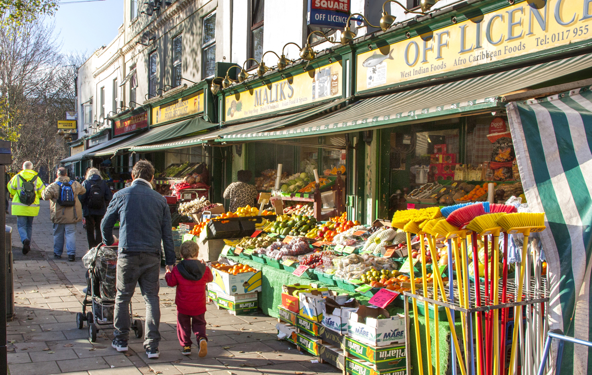 Shop front in Bristol showing fruits and vegetables