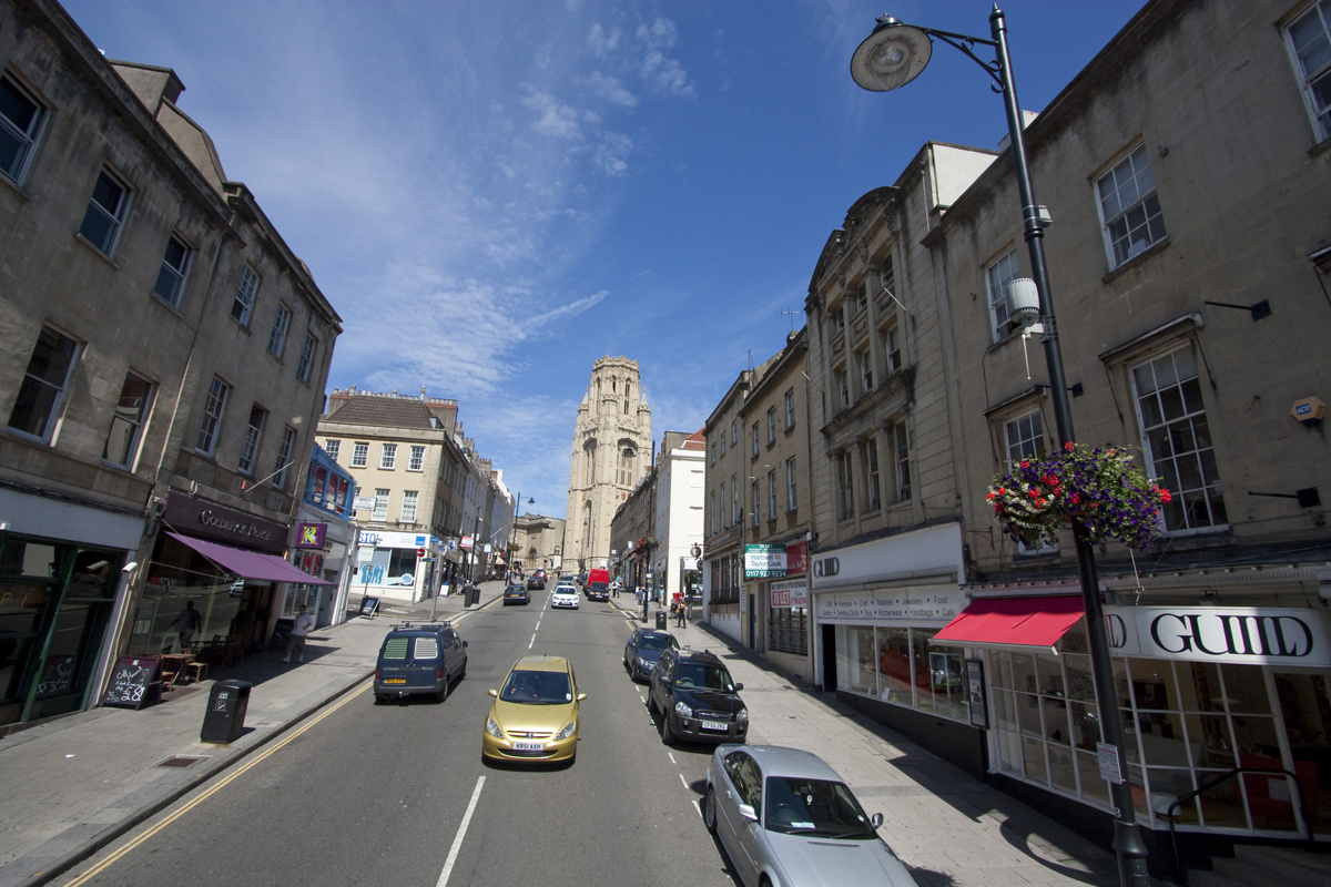 Park street showing shops, road and cars