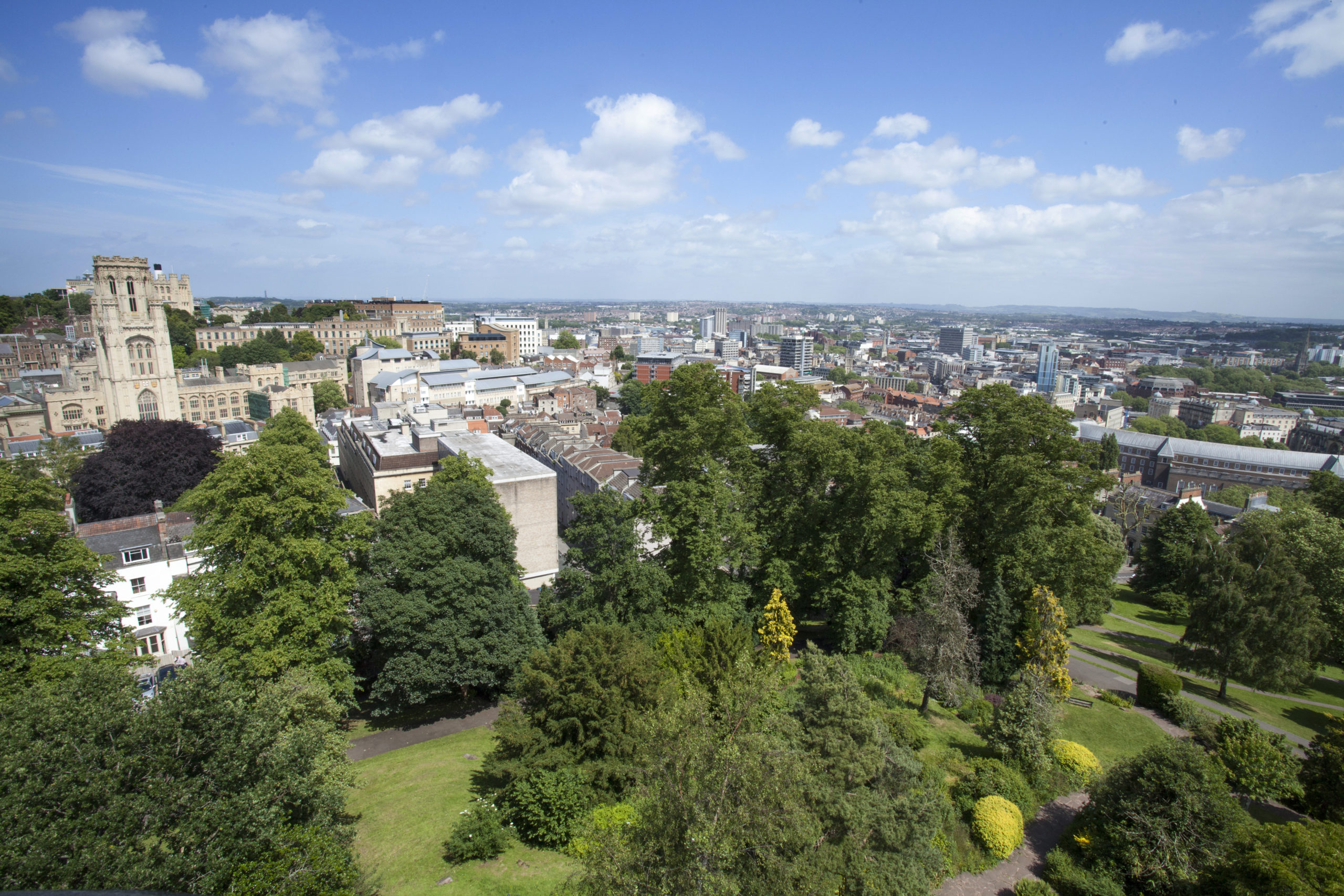 Brandon Hill - Cabot Tower panoramic view with trees and buildings