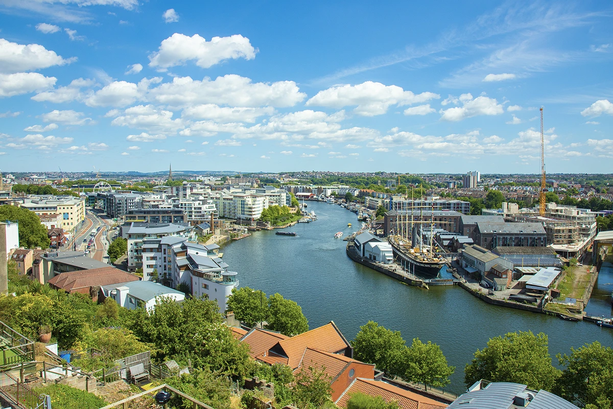 View over looking Bristol Harbour and the SS Great Britain on a sunny day