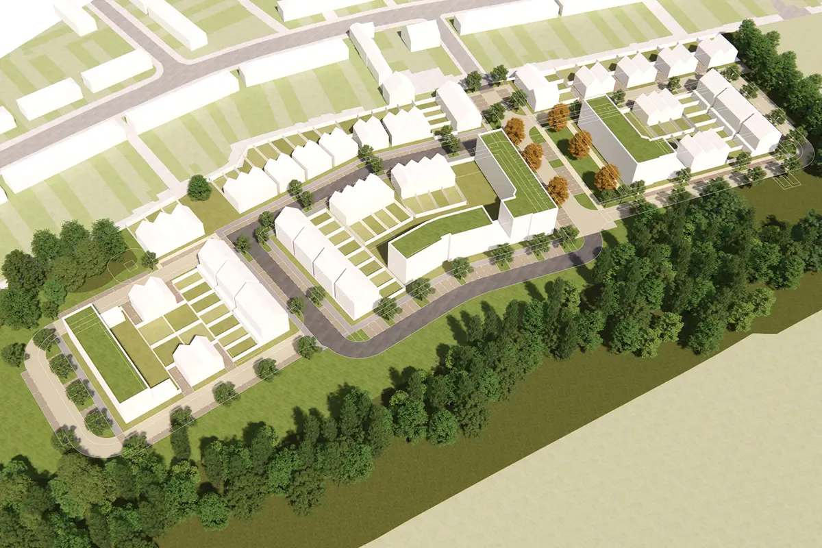 A CGI image of the development from above, showing trees around the front and side edges, and the buildings in white