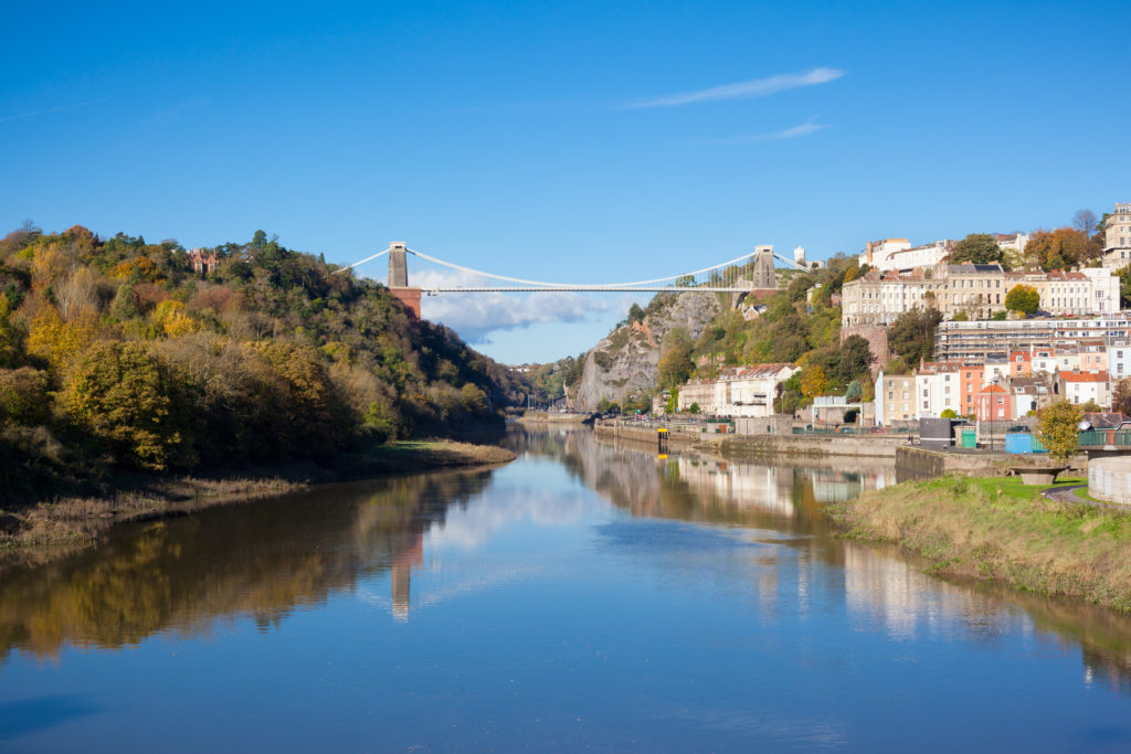 Wide view of Clifton Suspension Bridge which spans the Avon Gorge in Bristol, England, UK