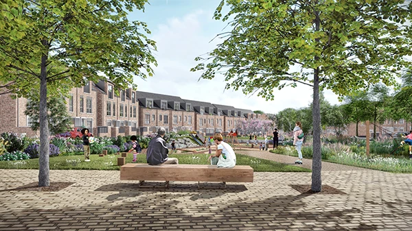 CGI showing One Lockleaze - people siting on a bench in calm surroundings