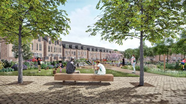 CGI showing Romney House - people siting on a bench in calm surroundings