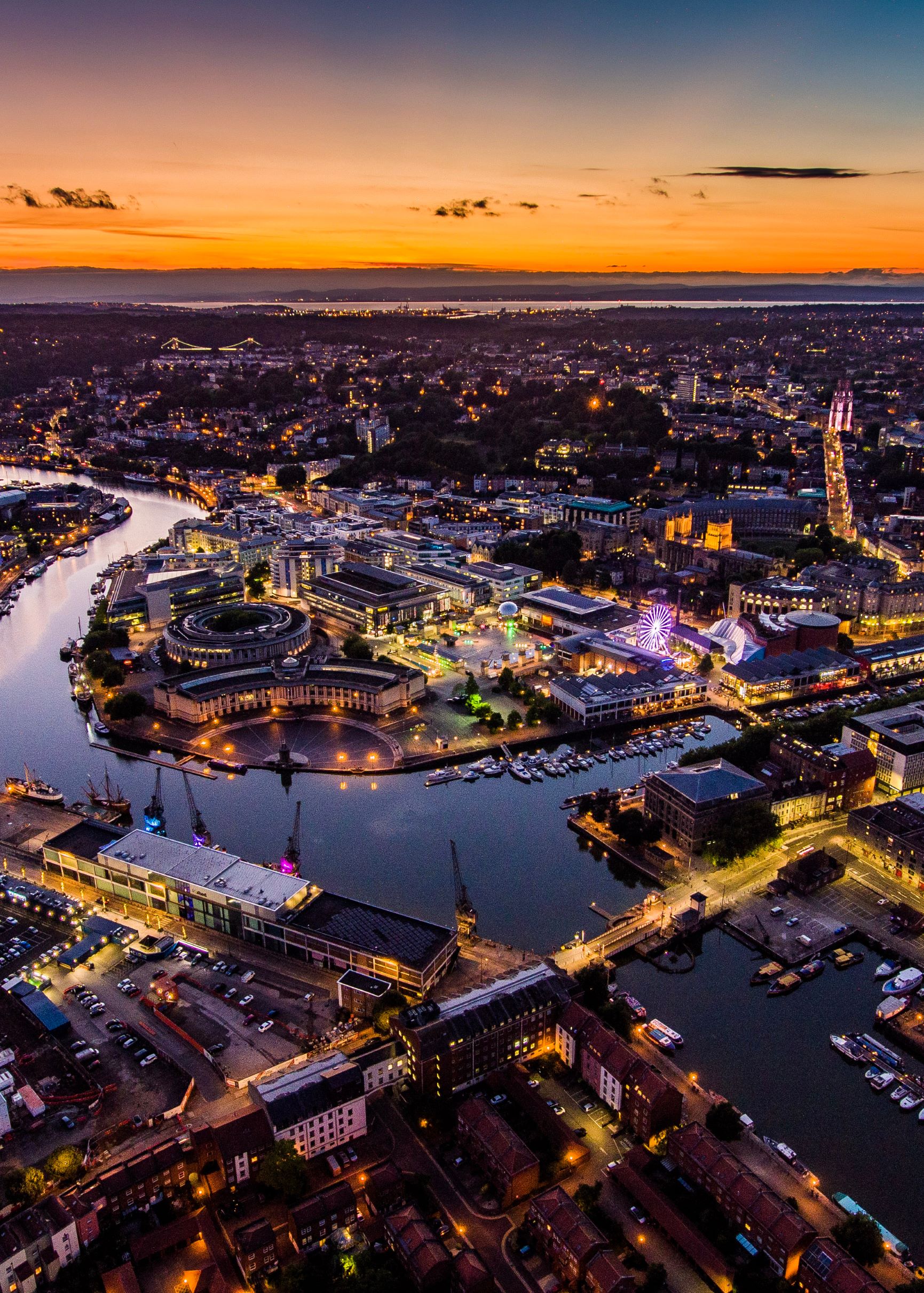 Aerial of Bristol City at dusk