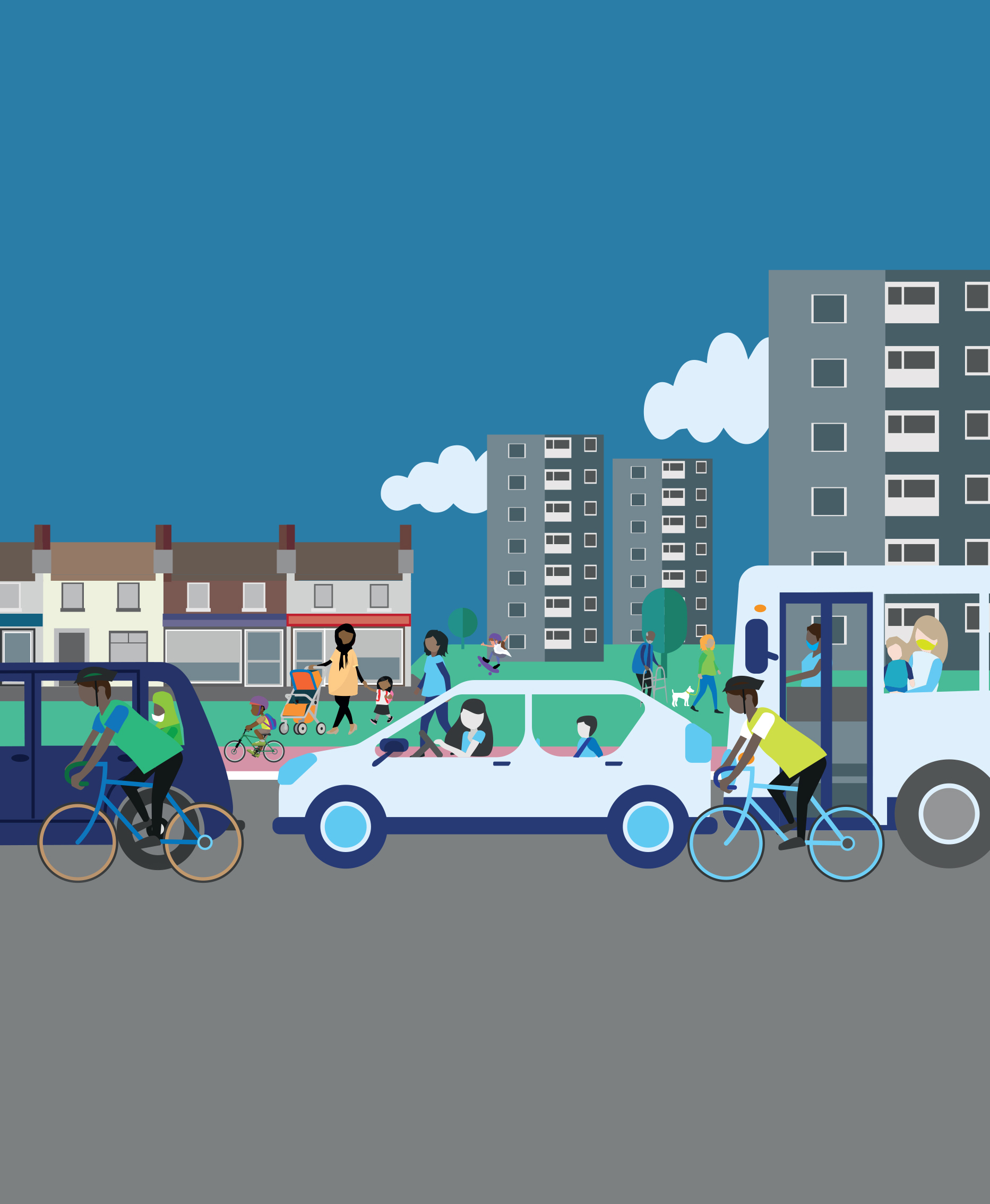 Graphic showing a mixture of sustainable transport such as bicycles, buses and cars