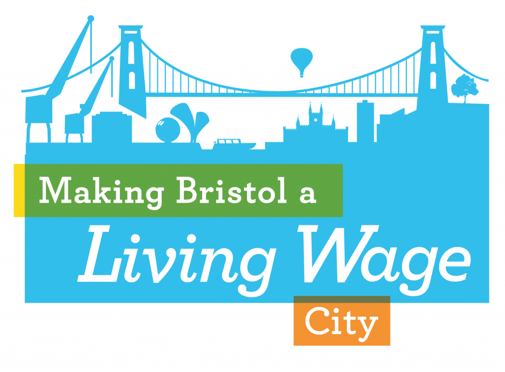 Living Wage logo with blue silhouette of Bristol landmarks.